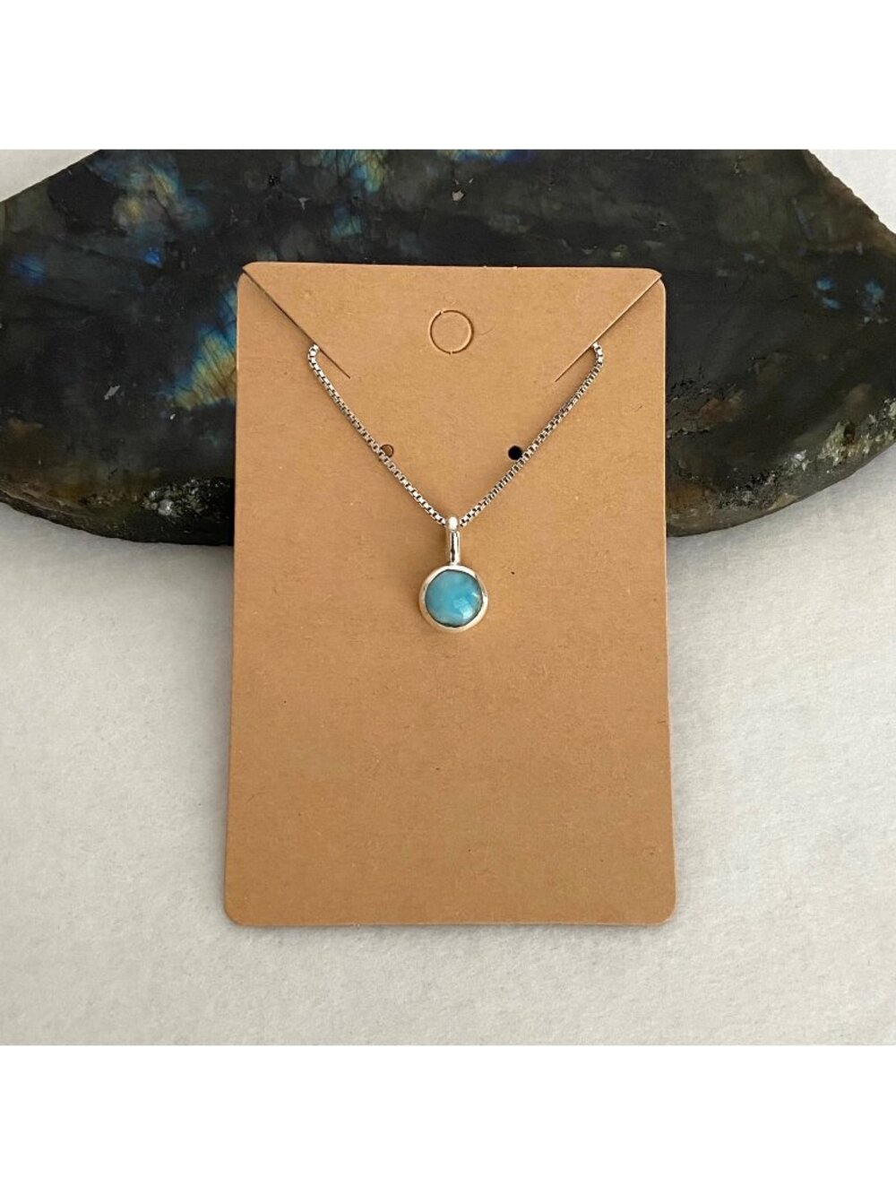 Sterling Silver 925 CPD Dainty Round Larimar Pendant Necklace 16" Chain